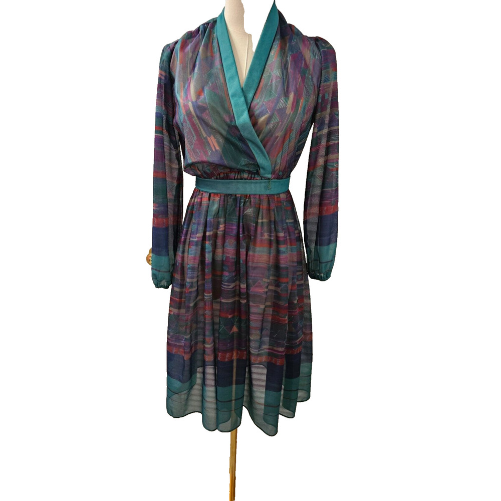Vintage Mavinette Women’s 70s Teal Belted Fit N Flare Sheer Dress Sz 4 Small‎